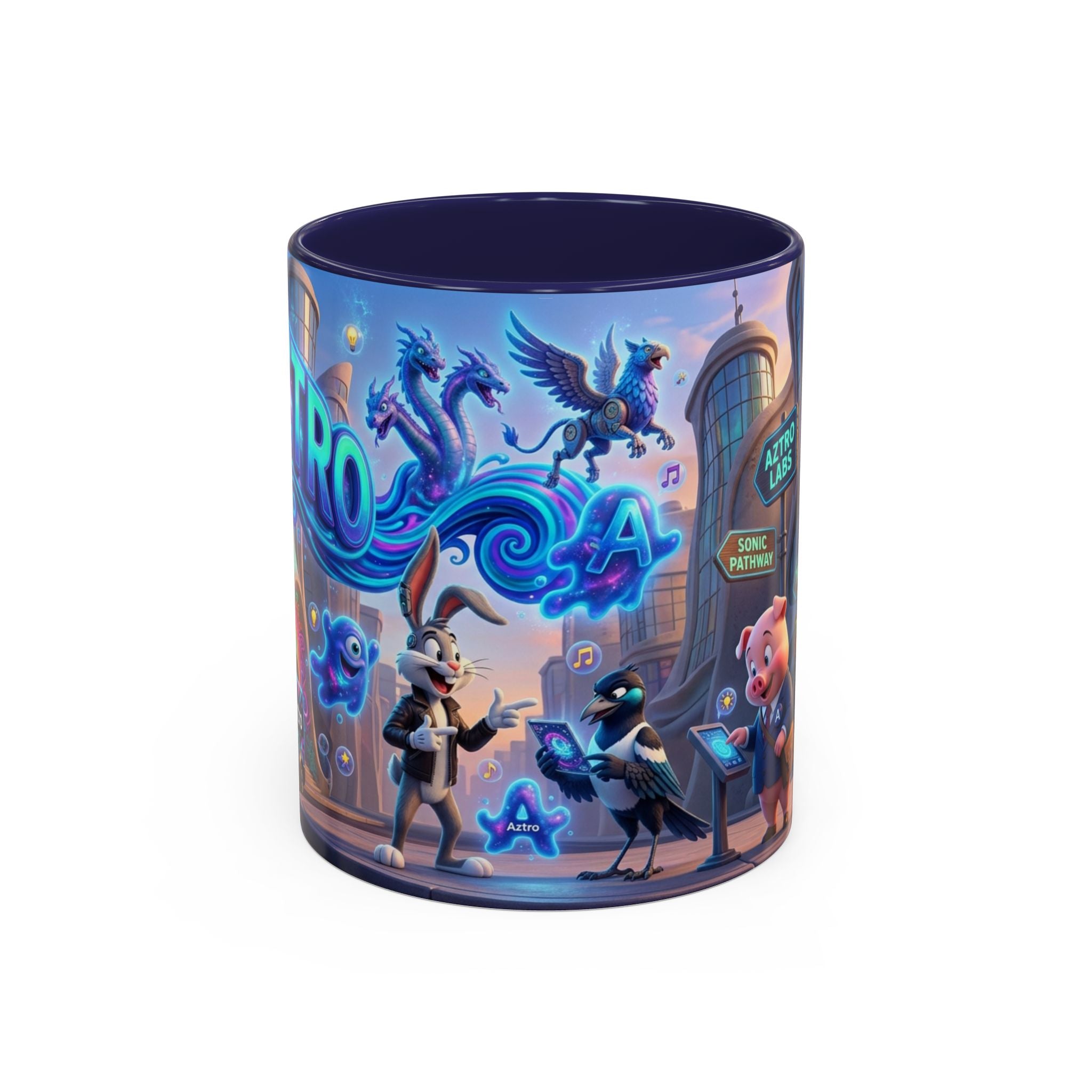 Taza de café Aztro Labs Fantasy City — Diseño de criaturas estilo neón