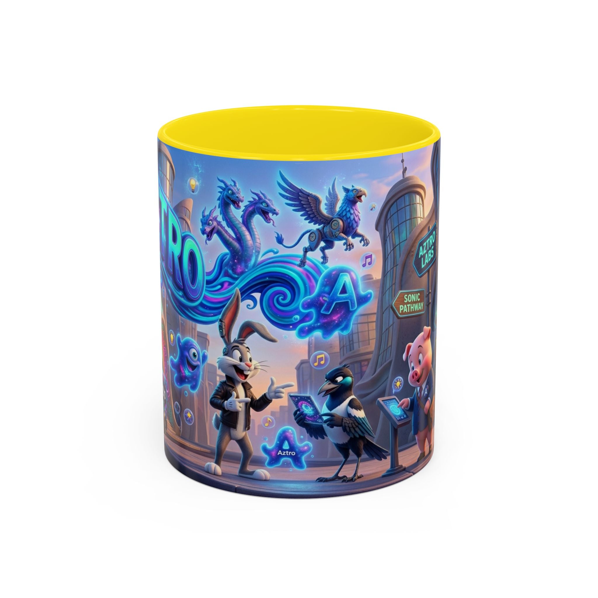 Taza de café Aztro Labs Fantasy City — Diseño de criaturas estilo neón