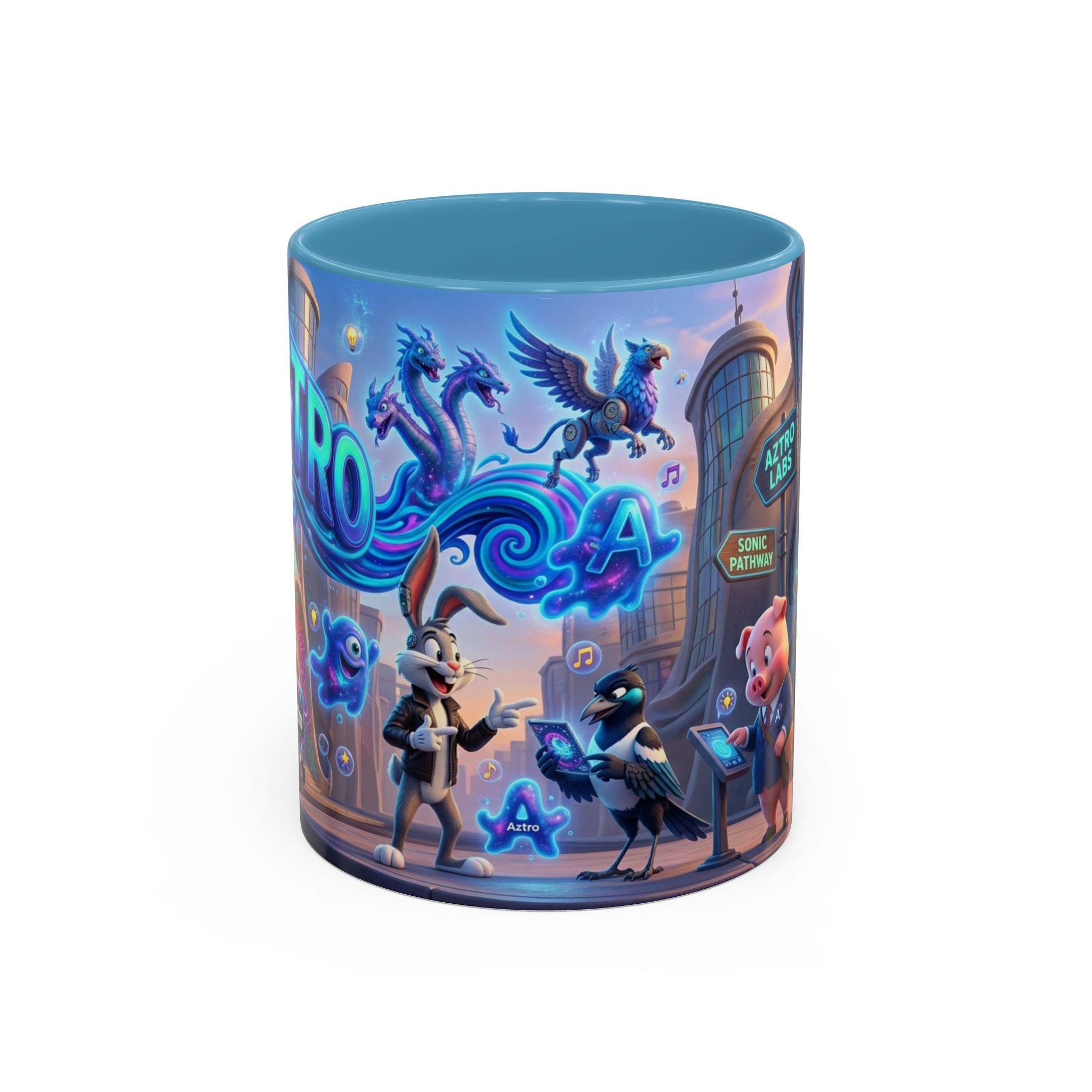 Taza de café Aztro Labs Fantasy City — Diseño de criaturas estilo neón