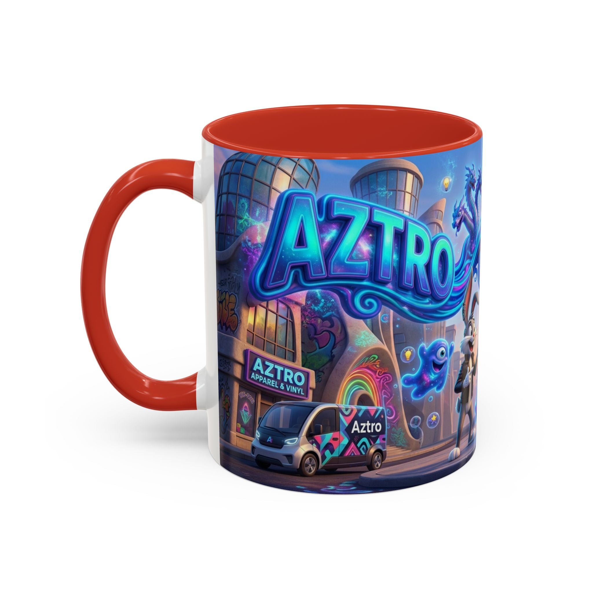 Aztro Labs Fantasy City Coffee Mug — Neon Style Creatures Design