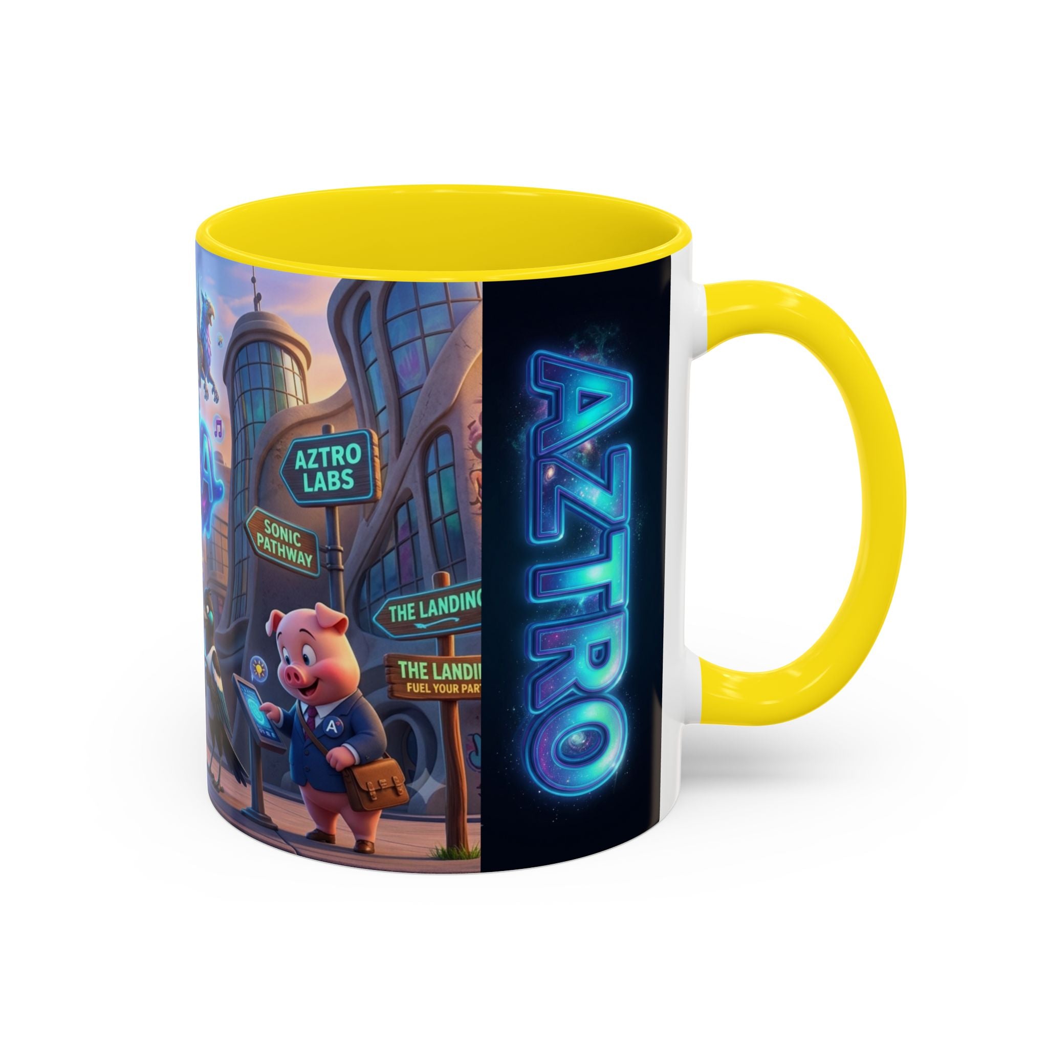 Aztro Labs Fantasy City Coffee Mug — Neon Style Creatures Design