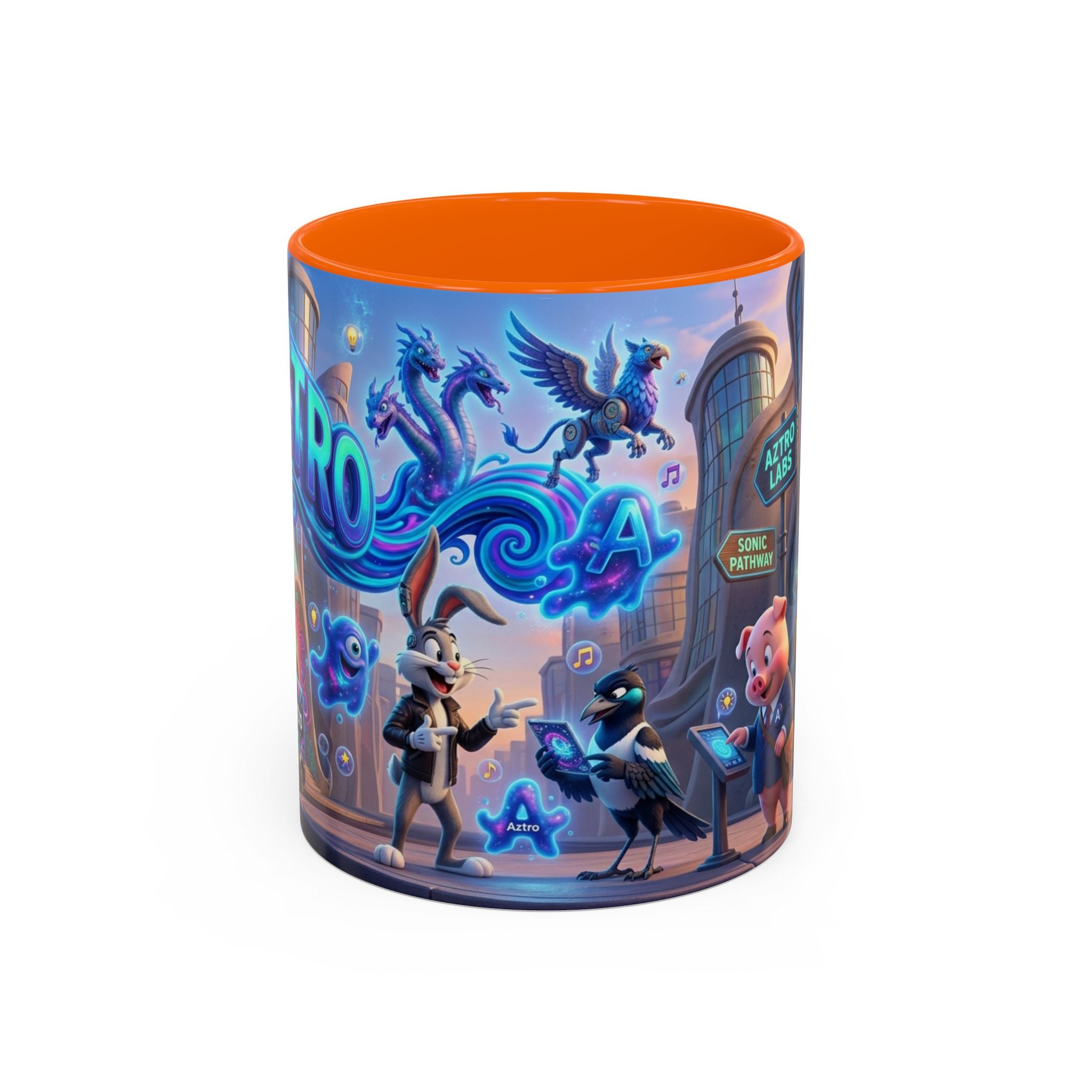 Taza de café Aztro Labs Fantasy City — Diseño de criaturas estilo neón