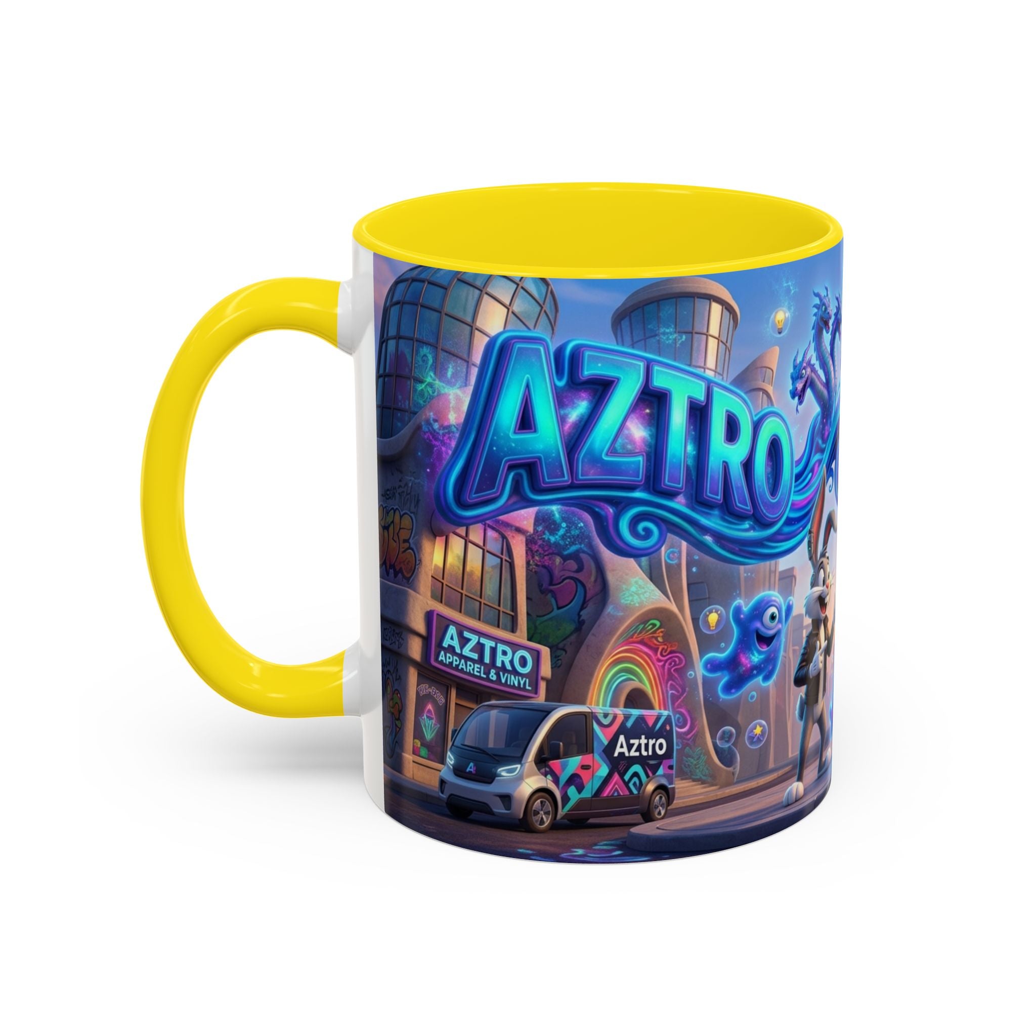 Aztro Labs Fantasy City Coffee Mug — Neon Style Creatures Design