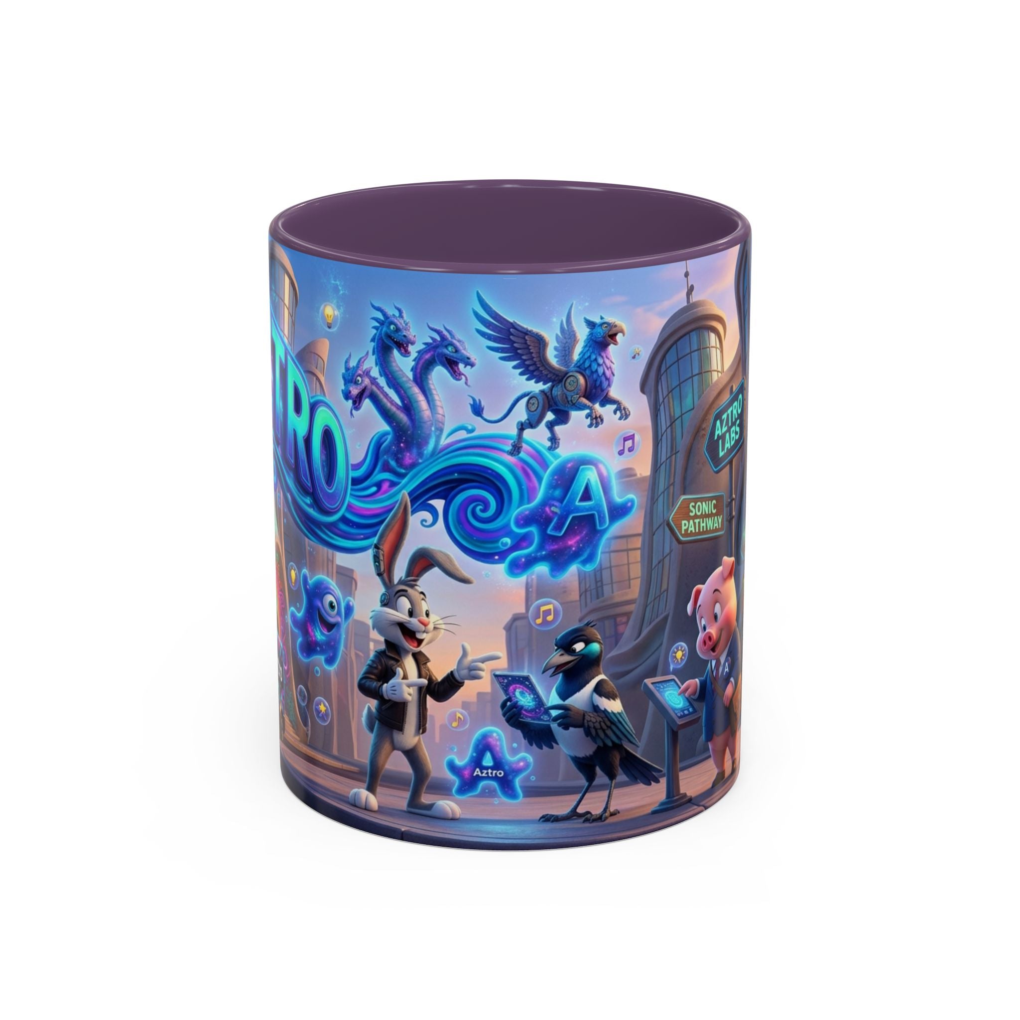 Taza de café Aztro Labs Fantasy City — Diseño de criaturas estilo neón