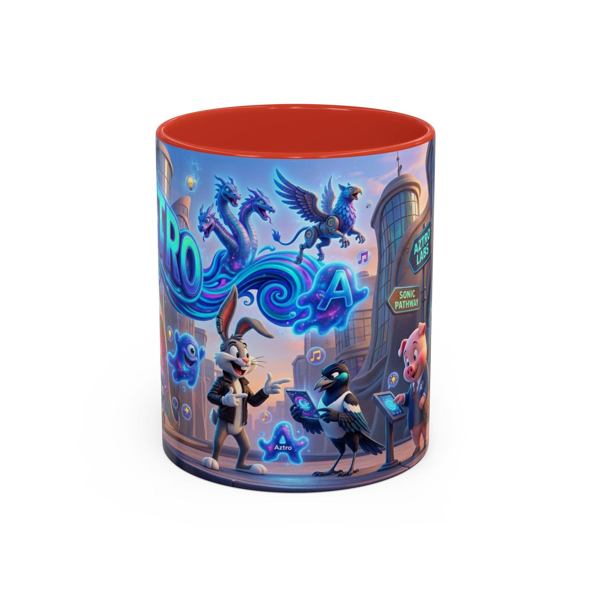 Taza de café Aztro Labs Fantasy City — Diseño de criaturas estilo neón