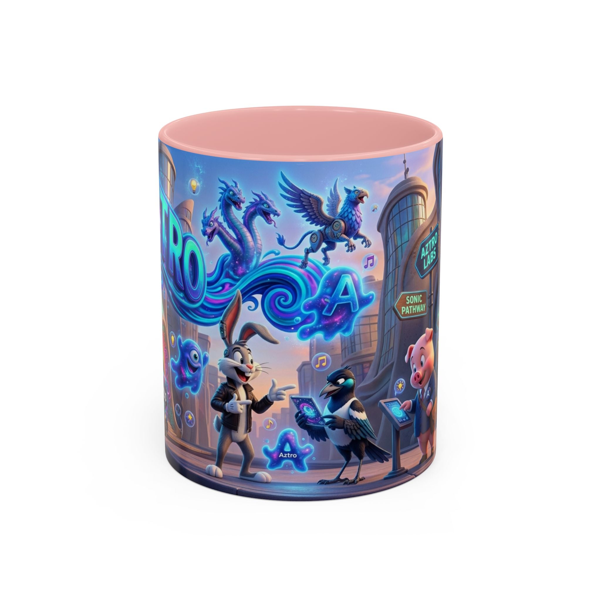 Taza de café Aztro Labs Fantasy City — Diseño de criaturas estilo neón