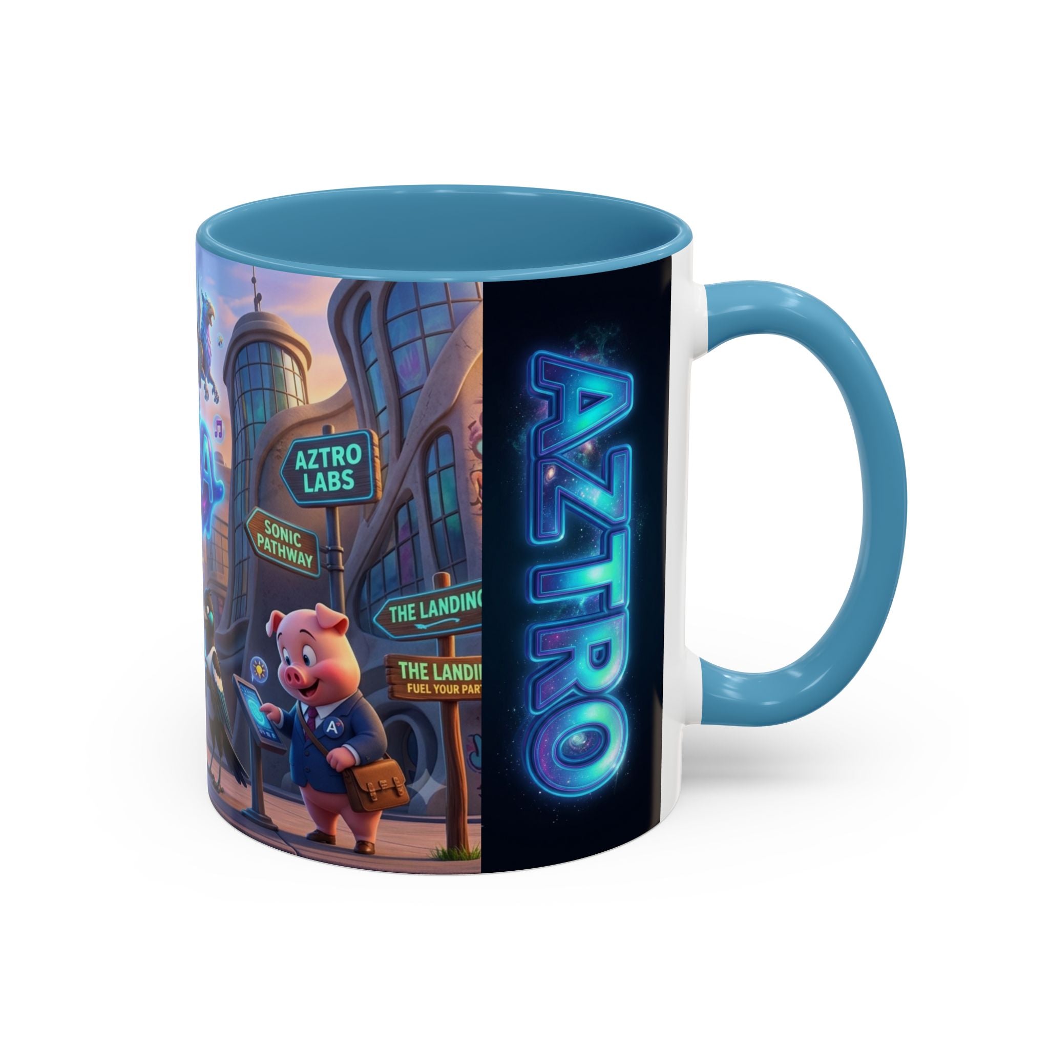 Aztro Labs Fantasy City Coffee Mug — Neon Style Creatures Design