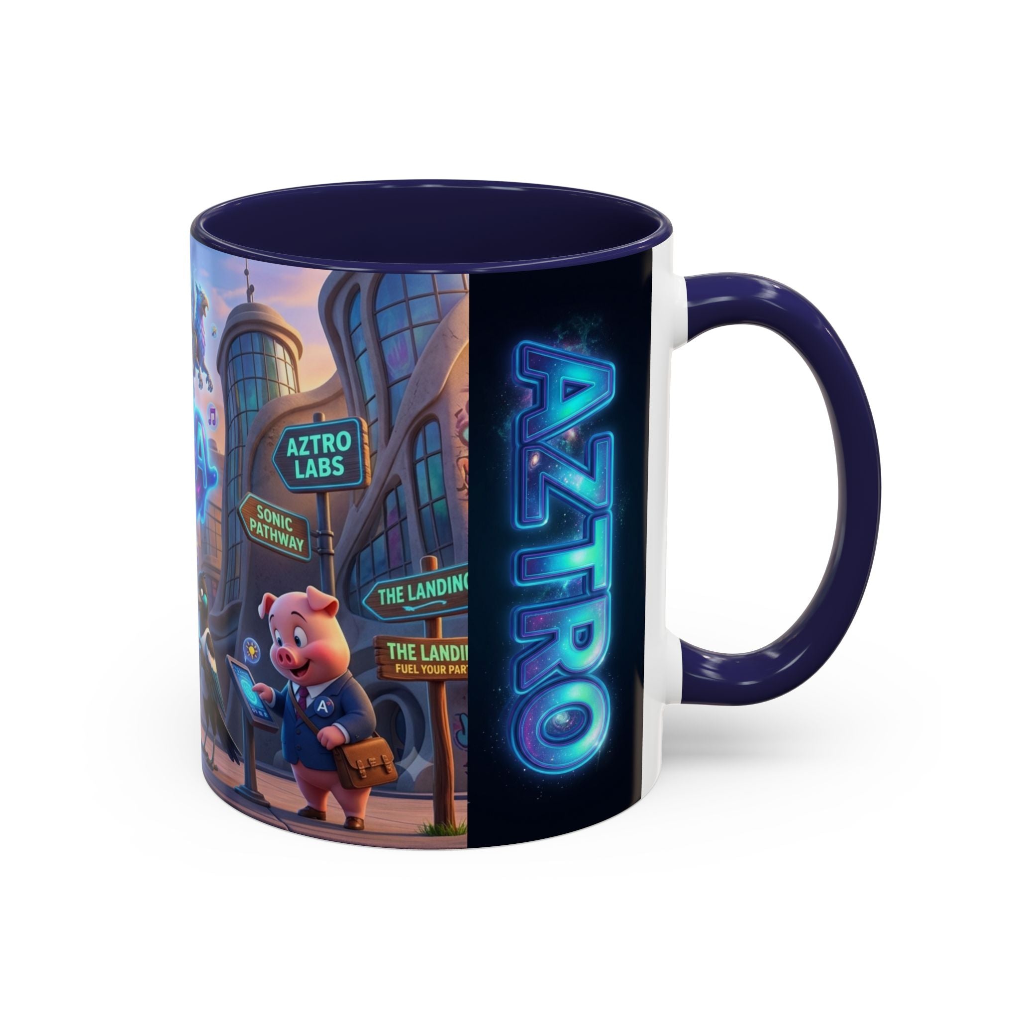 Aztro Labs Fantasy City Coffee Mug — Neon Style Creatures Design