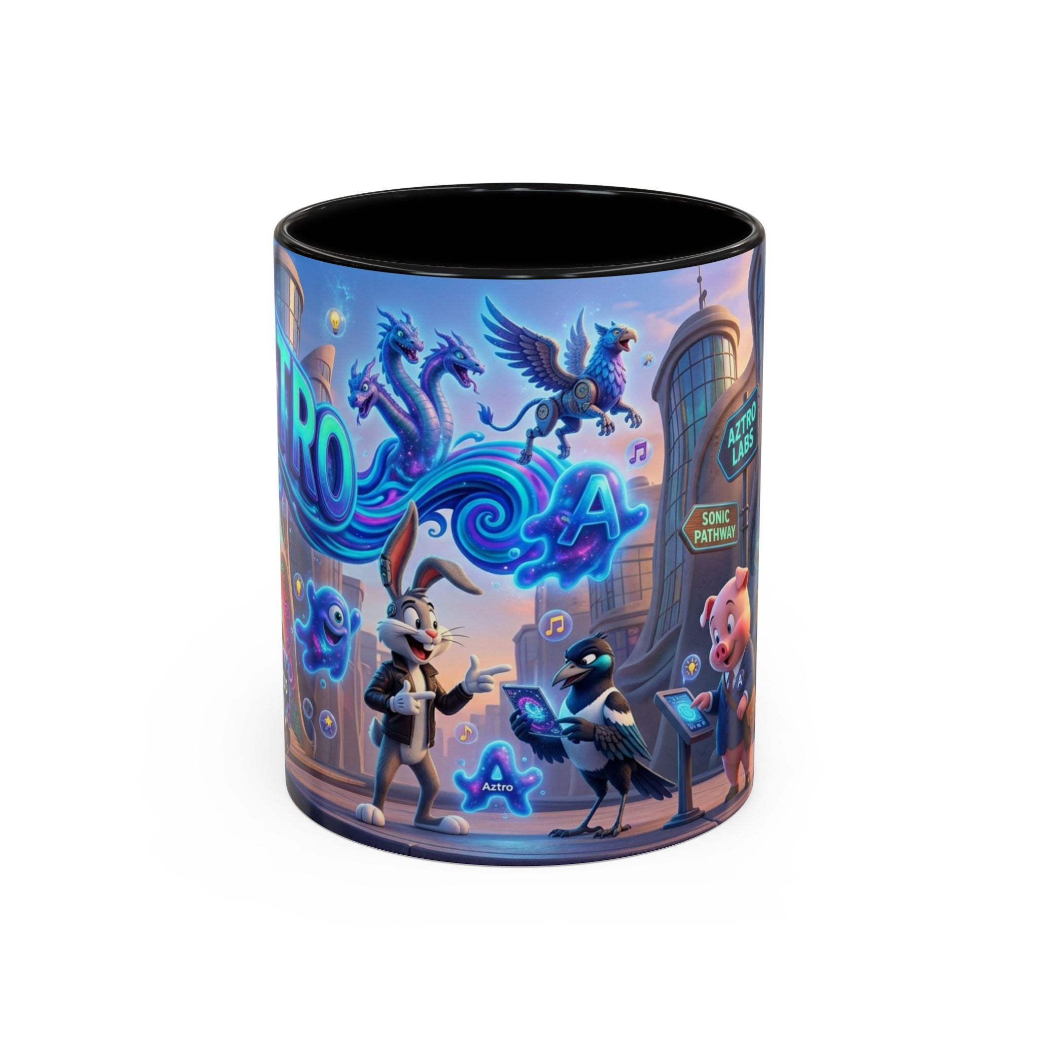 Aztro Labs Fantasy City Coffee Mug — Neon Style Creatures Design