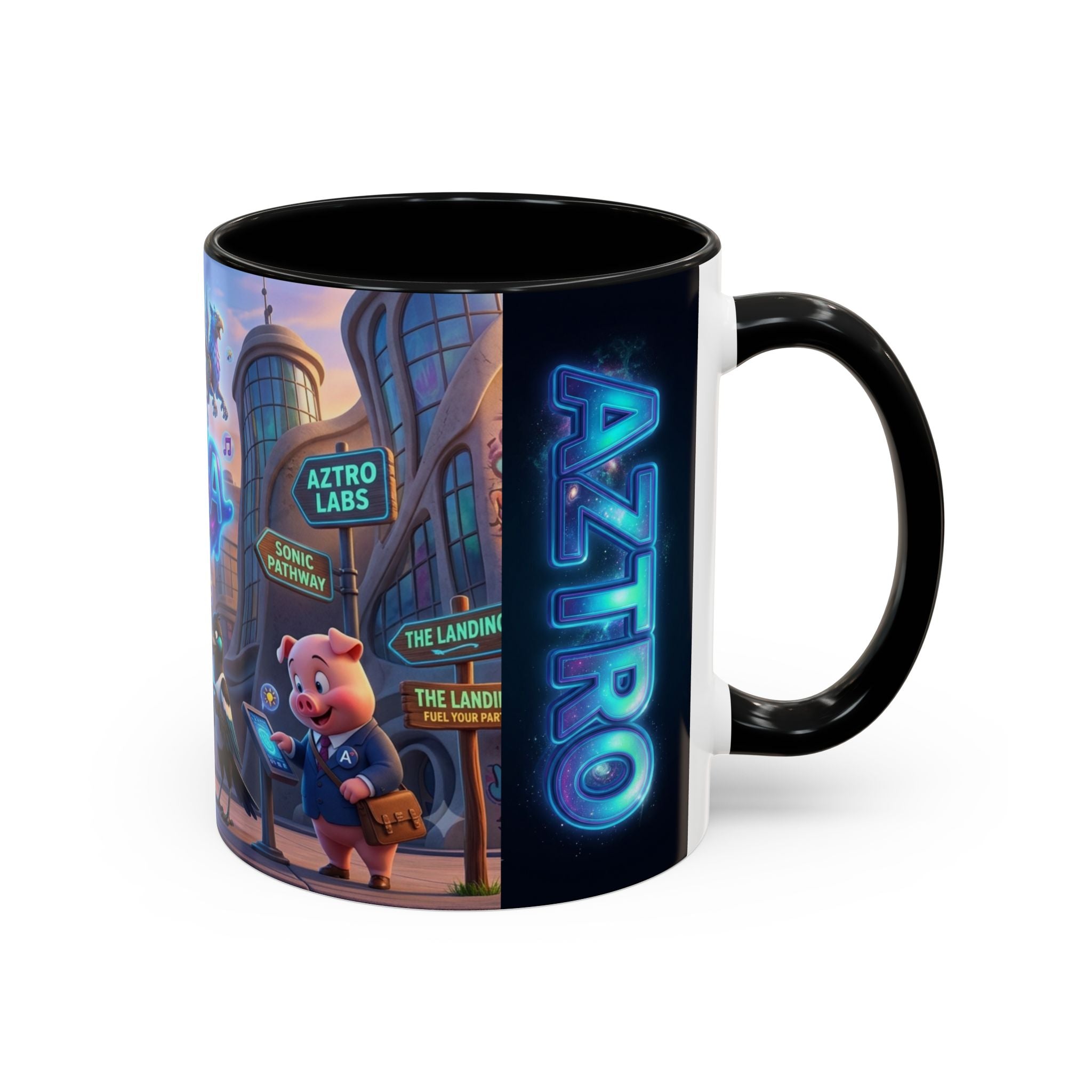 Aztro Labs Fantasy City Coffee Mug — Neon Style Creatures Design