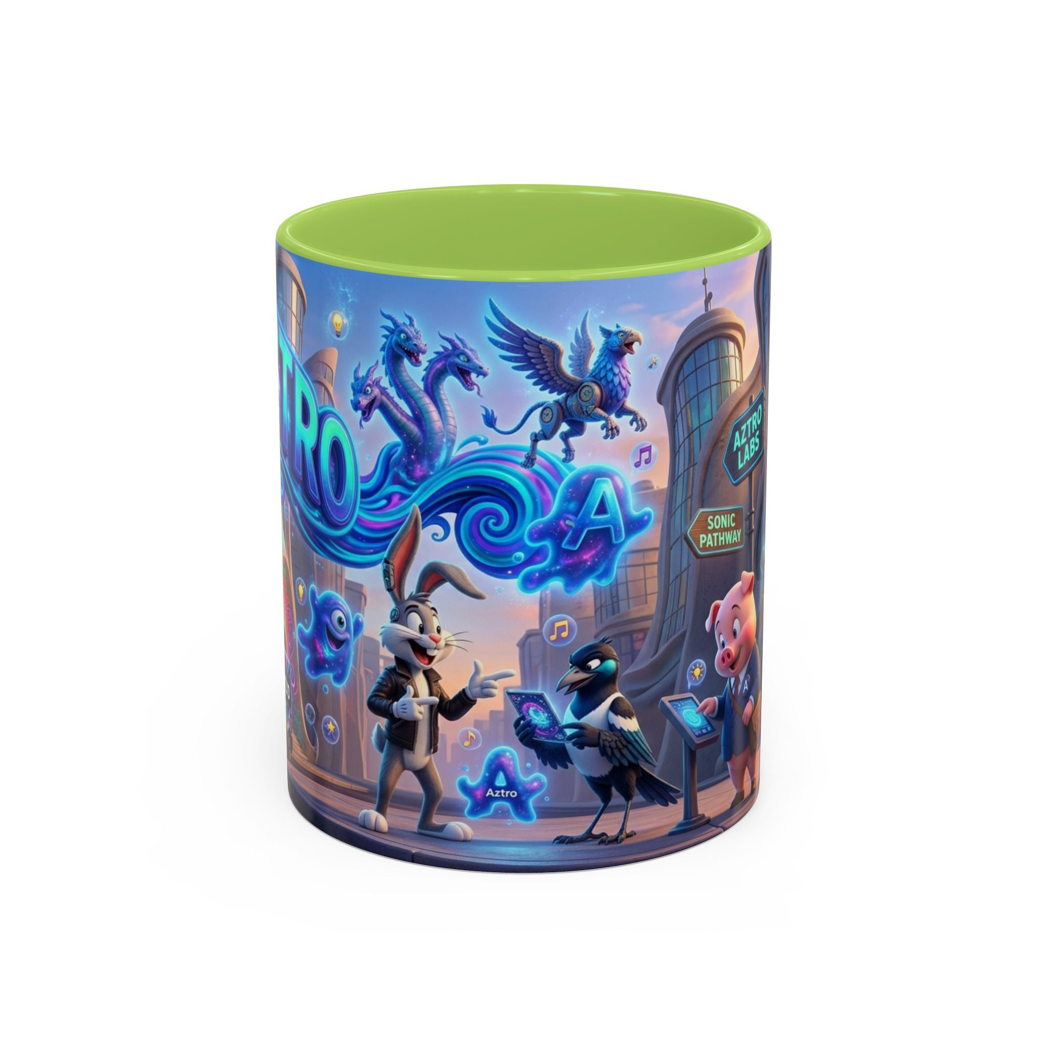 Taza de café Aztro Labs Fantasy City — Diseño de criaturas estilo neón